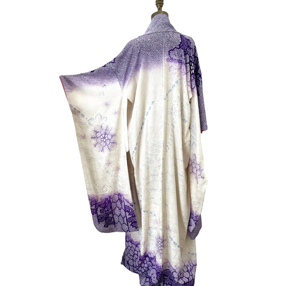 Japanese Silk Furisode Kimono Pure Silk Hand-Paint Ombre Plum Texture One‎ Size - Picture 9 of 9